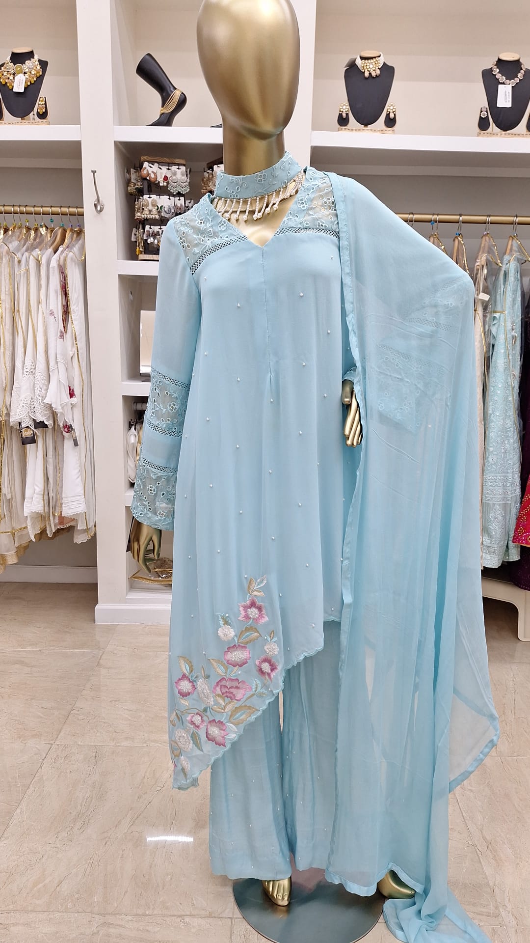 Sky Serenity: Embroidered Pearl Blue Ensemble