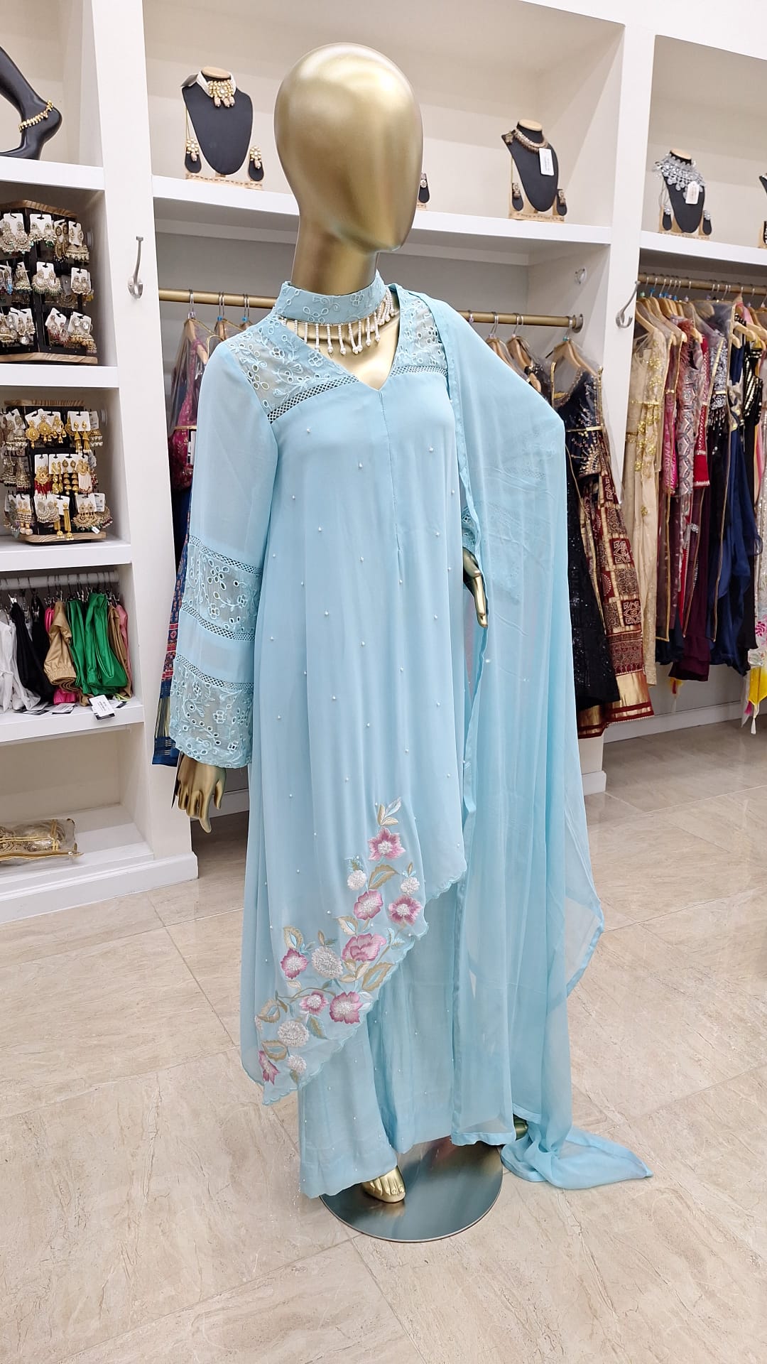 Sky Serenity: Embroidered Pearl Blue Ensemble
