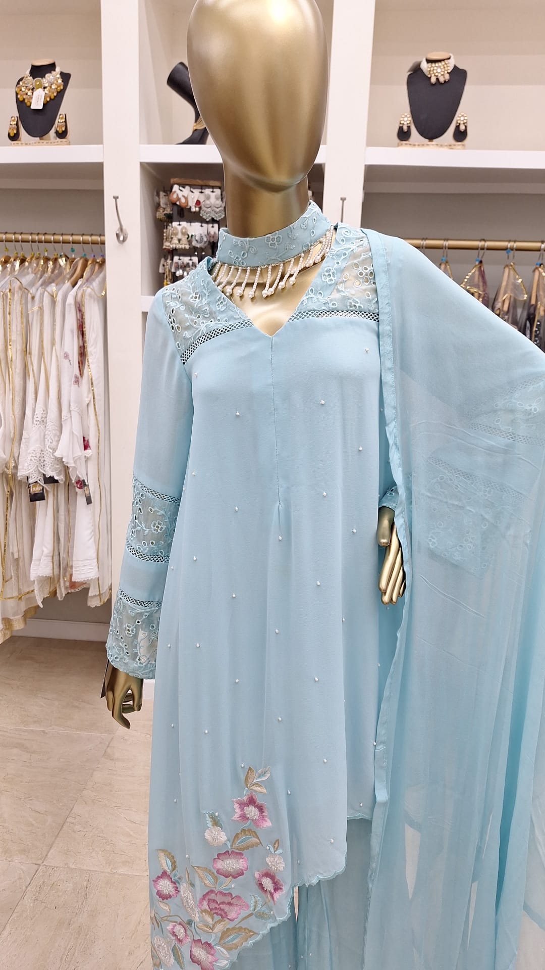 Sky Serenity: Embroidered Pearl Blue Ensemble